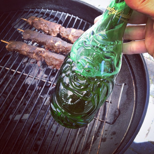 Meat kebabs & Lucky Buddha beer. #irony