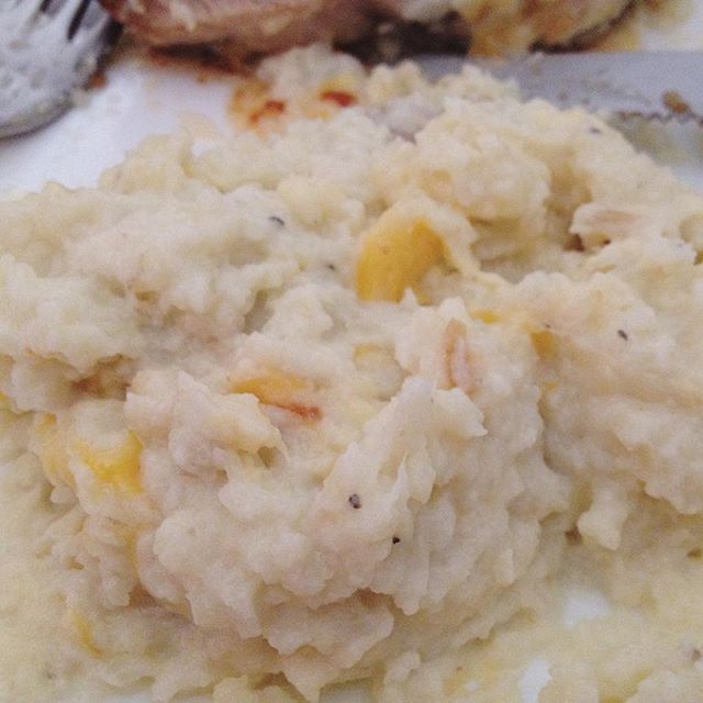 How to make healthy mashed potatoes? Use cauliflower. How to negate healthier cauliflower mash? Add butter. And cheese. #lunch