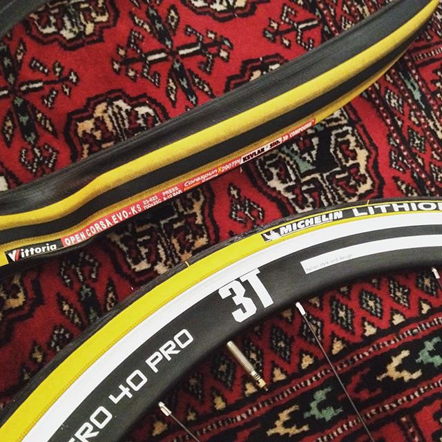 New shoes for Bumblebee. Hope these last longer than 48 miles. XD #cycling #michelintires #vittoriatyres