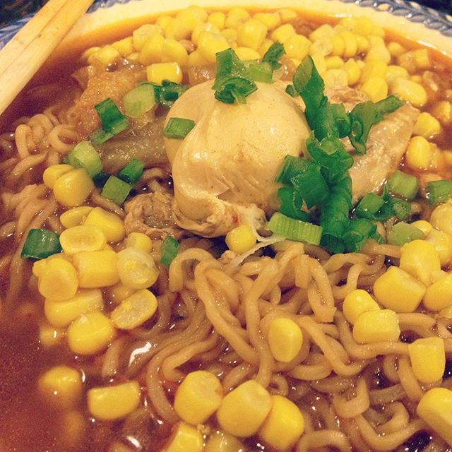 Instant ramen noodles + homemade broth & toppings = yum #supper [instagram]