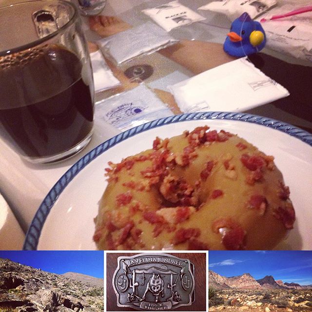 My sis @runtricpa ran + finished #Javelina100k yesterday. I ran 4.4mi yesterday +16mi today. I totally deserve this maple bacon donut. #instarunners #backcountry50km #training [instagram]