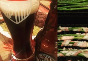 Delayed celebration of races yesterday! Starring: my last bottle of @mammothbrewing #DoubleNutBrown in #bloodsweatandbeers glass & asparagus wrapped in #bacon #supper [instagram]