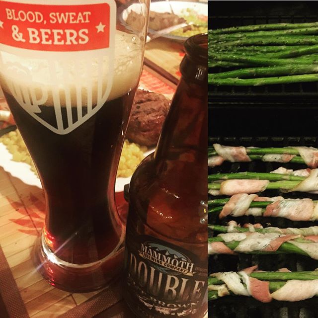 Delayed celebration of races yesterday! Starring: my last bottle of @mammothbrewing #DoubleNutBrown in #bloodsweatandbeers glass & asparagus wrapped in #bacon #supper [instagram]