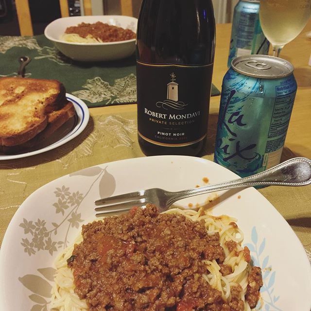 I'm having some meat sauce pasta with my wine.  Thanks for supper, sis @runtricpa #carboloading #im703santacruz #longcoursetriathlon [instagram]