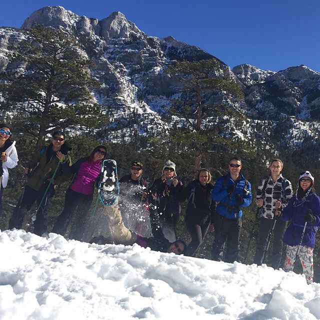Setting the timer & taking group photos is so much easier in the desert. 🤣Thanks @rei #reicoop #lasvegas for the Snowshoe #AllOut Event! Our guide Cynthia was awesome! #optoutside #leecanyon #nuunlife #trailjunkie #freshies [instagram]