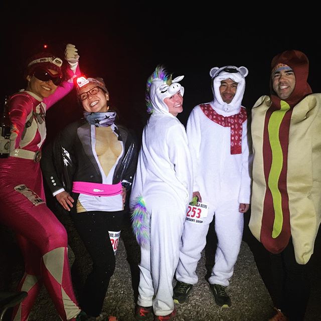 What does a hotdog, polar bear, unicorn, lady with big tatas, & the Pink Power Ranger have in common– oh shyte our race is starting. Wait what was the question? 😬#notevenhalloween #trailrunning #whathappensonthetrails #beyondvegas #eveningattire #powerrangers #polarbear #unicorn #hotdog #weinerweinerchickendinner [instagram]