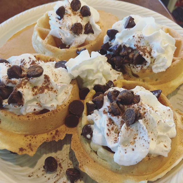 Hello waffles! #residenceinn #marriott #breakfast #nevertoomuchchocolatechips [instagram]