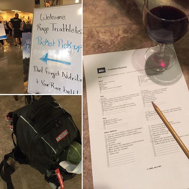 Packet picked up, Tri bag packed, & wine portion-controlled. Ready for tomorroz #ragetriathlon #olympic #training #triathlon w00t! #notquiteready #itstrainingtime #IM703cda #beyondvegas #nuunlife #racewithbase #baseperformance #swimbikerun #triathlete [instagram]