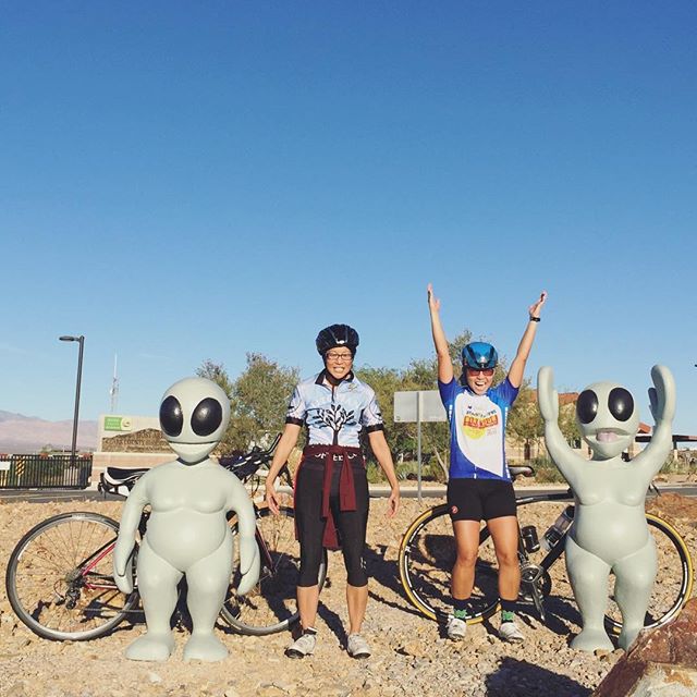 We encountered some stranded extra-terrestrials on this morning's ride. They were cool enough to pose with us. Lol only in Vegas!! #cycling [instagram]
