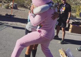 Getting hugged by a Care Bear  at my mile 27 of 26.5   @desertgypsyrunner #trailrunningvegas #trailjunkie [instagram]
