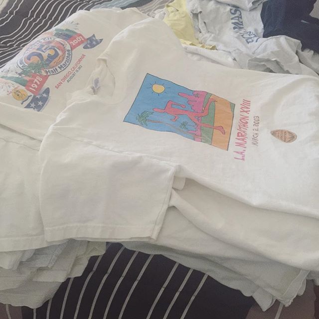 Begin the purge! 15 yrs of race shirts! Should I eBay that #LAMarathon one tho? Lol #decluttering #vvadonation #cottontees [instagram]