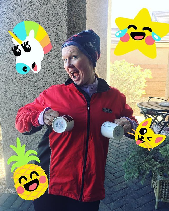 Show off yer new cups, @mmeviltwin 🤣 After nearly a year, Karen finally believed these mugs were real. Also, I got some last minute tips for my upcoming loopy loops at Jackpot Ultra. I took notes. Lol. #marathonmaniacs #ultrarunner [instagram]