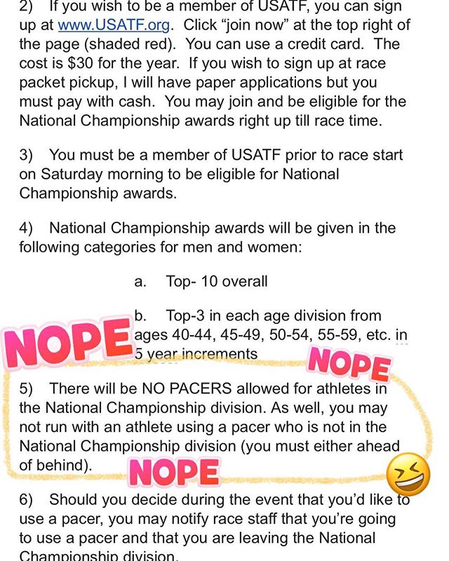 USATF has me like... Nope.  I’ve never been this excited about not competing (for AG at the USATF 100mi Championships, aka Jackpot Ultra!) #ijustwannafinish [instagram]