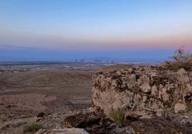 View of the Strip from SW Ridge. Always a fun night when @rebeccarunstrails gets the Monday Trail group going! #trailrunningvegas #trailjunkie [instagram]