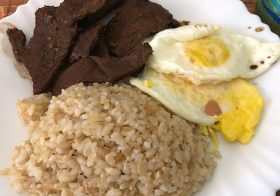 Sunday Brunch— Tapsilog! (Tapa, sinagnag, at Itlog). Marinated beef, garlic rice, fried eggs. #filipinofood [instagram]