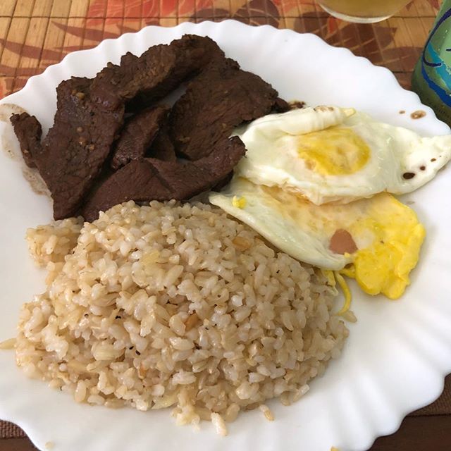 Sunday Brunch— Tapsilog! (Tapa, sinagnag, at Itlog). Marinated beef, garlic rice, fried eggs. #filipinofood [instagram]