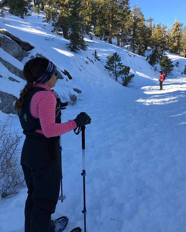 Warmer temps during the week meant patchy, icy areas while snowshoeing at Bristlecone trail today. However, @falanaw showed us a great spot a mile up and off-trail where there was powdery goodness! Also, it was great to catch up with @desertgypsyrunner [instagram]