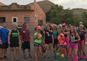 Last night’s group run was an 80’s themed adventure on some lovely single track trails. Then @samiam3075 ’s Molly the Poodle had a paw mishap  buuut with CrossFit girls & OCR couple Marisa & James in our group, we got her back to safety! #trailjunkie #trailrunningvegas #crossfitgirls. .Group photo: @rebeccarunstrails [instagram]