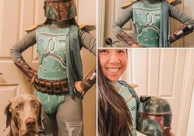 When your friends who just started WFH during this pandemic, they come up with crazy lists for work outfits… Today was Disney Day. 🤓p.s., the outfit was comfy but the forearm thingies kept hitting keys on my keyboard 🤣#thisistheway #bountyhunter #mandalorian #weimaraner #workfromhome #stayhome #stayhomefornevada [instagram]