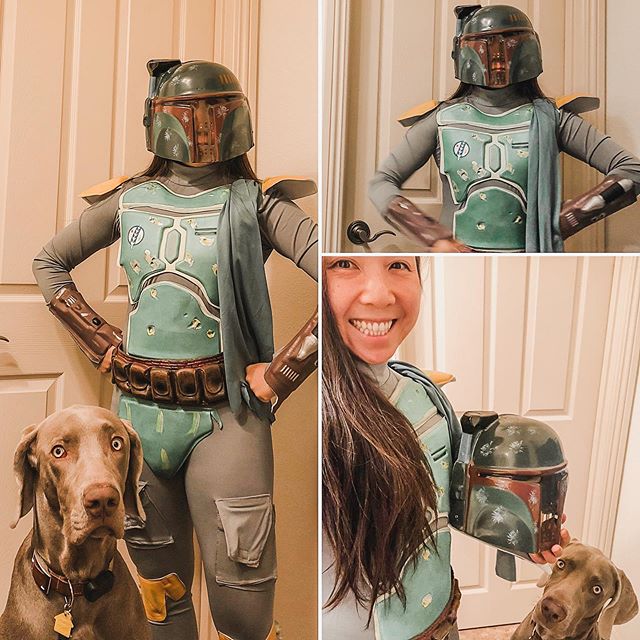 When your friends who just started WFH during this pandemic, they come up with crazy lists for work outfits... Today was Disney Day. 🤓p.s., the outfit was comfy but the forearm thingies kept hitting keys on my keyboard 🤣#thisistheway #bountyhunter #mandalorian #weimaraner #workfromhome #stayhome #stayhomefornevada [instagram]