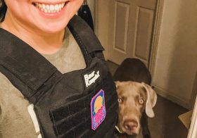 A selfie with my @bearkomplex weight vest +  my new “Stay RAD” patch + kisses from my bébé = happiness#crosstraining #weightvest #bearkomplex #weimaraner #weimsofinstagram [instagram]