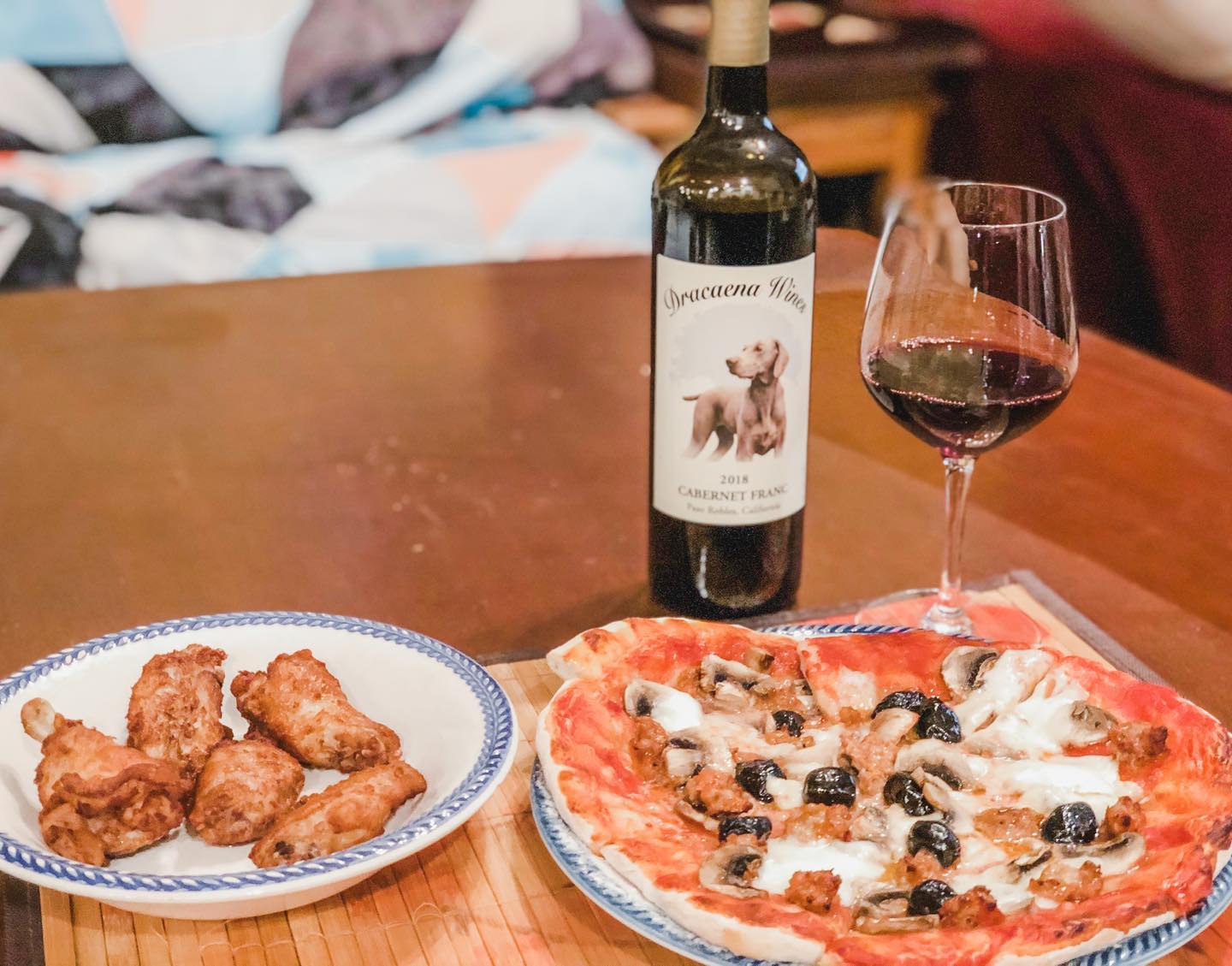 Super Bowl Sunday! Homemade pizza (from scratch!) wings (frozen 🤣), & wine (my first Cab Franc!)😎😎#superbowl #dracenawines #superbowl2021 [instagram]