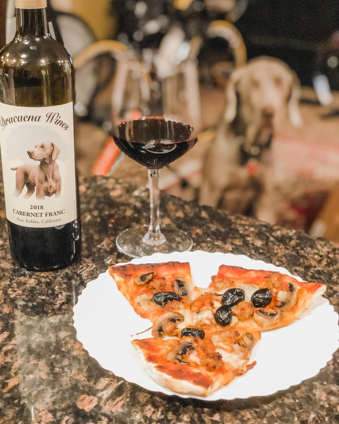 I’m glad I “nursed” this bottle of @dracaenawines Cab Franc because I had something to go with my leftover pizza for #NationalPizzaDay! 🤣Bonus background cameo of my own Weim wanting a bite of my supper #itwasmeanttobe #pizza #wine #supportsmallbusiness [instagram]